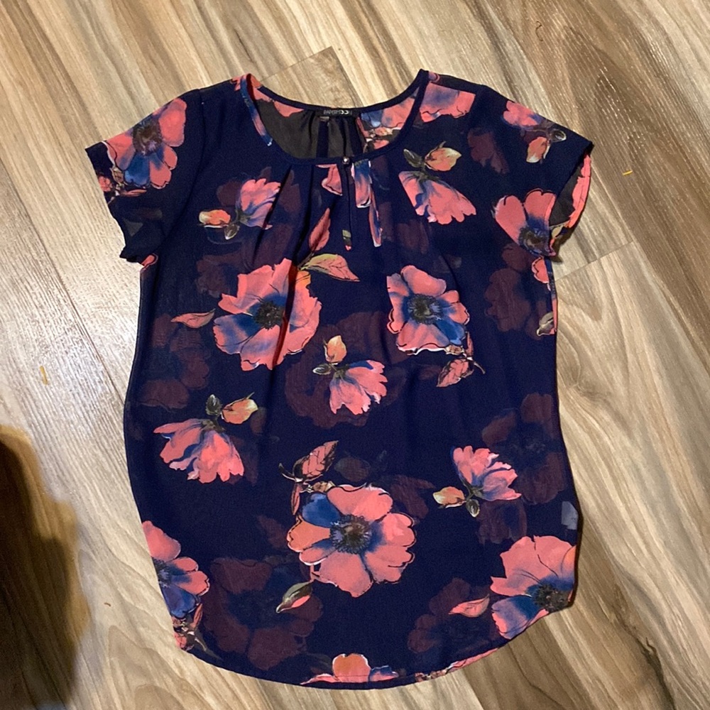 Navy, pink floral print sheer top